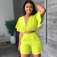 Ruffle Sleeve Crop Top & Shorts Set Women V-Neck 2-Piece Casual Summer Beach Vacation Fashion
