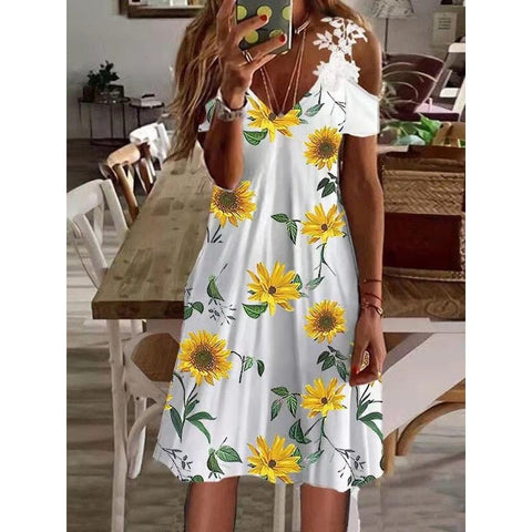 Off Shoulder Floral Print Lace Dress Women Short Sleeve Casual Beach Vacation Summer Fashion