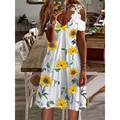 Women's Floral Pattern Print Lace Summer Dress Short Sleeve Off Shoulder Dress