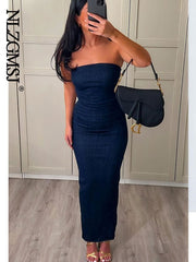 Strapless Backless Denim Maxi Dress Women Blue Zipper Split Frayed Party Casual Fashion Dress