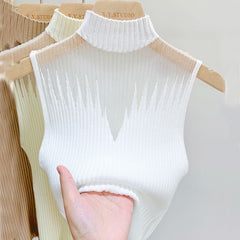 Turtleneck Mesh Knit Top Women Sleeveless Pullover Casual Chic Everyday Fashion