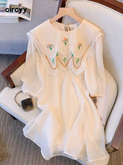 Floral Embroidered Midi Dress Women White Peter Pan Collar Half Sleeve Mesh Chic Loose Fashion