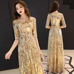 Gold Sequin Evening Party Dress Women Elegant Sparkly Prom Wedding Guest Fashion Dress
