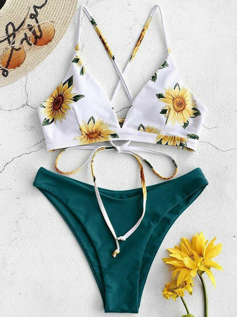 Flower Print Push Up Bikini Set Women Padded 2-Piece Beach Vacation Summer Swimwear Fashion