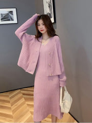 V-Neck Knit Dress Set Women 2-Piece Casual Elegant Autumn Winter Fashion Outfit