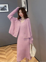 V-Neck Knit Dress Set Women 2-Piece Casual Elegant Autumn Winter Fashion Outfit