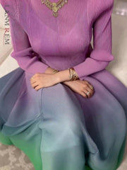 Gradient Pleated Maxi Dress Women Elegant Luxury Full Sleeve Folded Party Fashion Dress