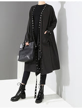 Loose Fit Ribbon Pleated Coat Black Hollow Out Goth Coat