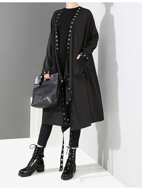 Gothic Ribbon Pleated Coat Women Black Hollow Out Loose Fit Casual Streetwear Outerwear Fashion