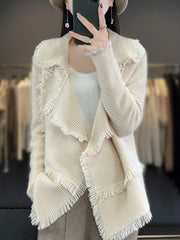 Merino Wool Cardigan Women 100% Tassel Wide Collar Elegant Autumn Winter Casual Fashion