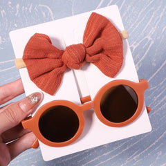 Kids Sunglasses 2-Piece Vintage Round Flower Shaped Bow Headband UV Children Fashion Gift