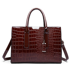 Crocodile Embossed Faux Leather Tote Bag Women Brown Large Capacity Zipper Work Handbag