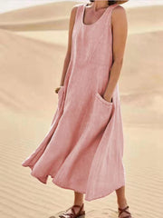 Plus Size Cotton Linen Midi Dress Women Solid V-Neck Sleeveless Loose Casual Summer Fashion