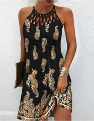 Vintage Print Midi Dress Women O-Neck Sleeveless Loose Waist Casual Summer Fashion Dress