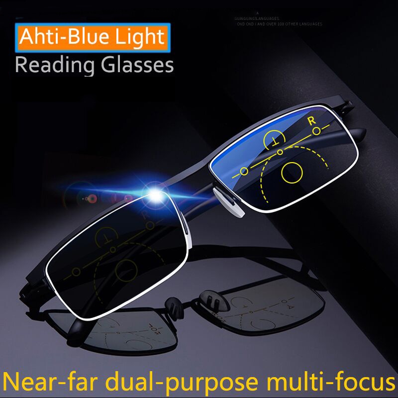 A pair of anti-blue light reading glasses with a stainless steel frame, designed for near-field vision - progressive.