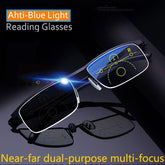 A pair of anti-blue light reading glasses with a stainless steel frame, designed for near-field vision - progressive.
