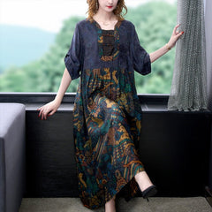 Silk Maxi Dress Women Elegant Hepburn Black Floral Mulberry Loose Waist Casual Fashion Dress