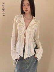 Fairycore Lace-Up Blouse Women Long Sleeve Turn-Down Collar Casual Elegant Fashion Top
