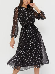 Long Sleeve Polka Dot Print Chiffon Midi Dress Women Elegant Casual Party Fashion Dress