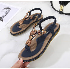 Rhinestone Beaded Flat Wedge Sandals Women Open Toe Non-Slip Casual Summer Fashion Shoes