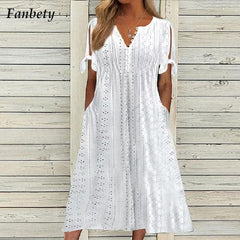 Lace Ruched Hollow Out Midi Dress Women Pleated Short Sleeve V-Neck Button Elegant Summer Fashion