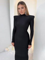 Long Sleeve Shoulder Pad Bodycon Maxi Dress Women Elegant Club Party Casual Fashion