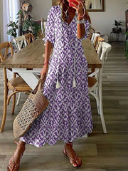 Pattern Print Long Dress Women V Neck Tassel Pleated Party Dress 3/4 Sleeve
