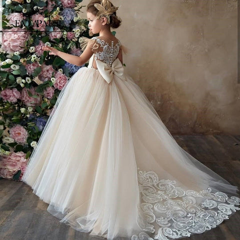 Flower Girl Dress Kids 3-14 Years Lace Tulle Bow First Communion Wedding Elegant Gift