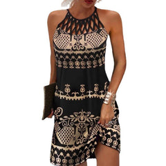 Vintage Print Midi Dress Women O-Neck Sleeveless Loose Waist Casual Summer Fashion Dress