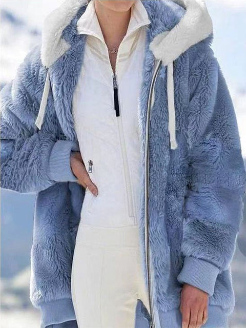 Plush Hooded Jacket Women Loose Zipper Warm Cozy Winter Casual Outerwear Fashion
