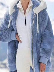 Plush Hooded Jacket Women Loose Zipper Warm Cozy Winter Casual Outerwear Fashion