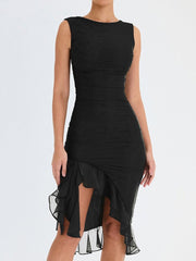 Ruffle Ruched Midi Dress Women Sleeveless Irregular Elegant Casual Party Fashion Dress