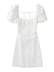 Linen Blend Backless Midi Dress Women Square Neck Short Sleeve Casual Summer Fashion Dress