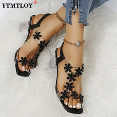 Rhinestone Flower Chunky Heel Peep Toe Sandals Women Elegant Party Summer Fashion Shoes