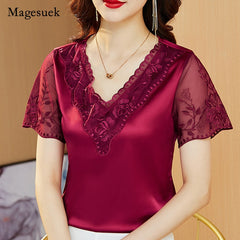 Short Sleeve Satin Lace Shirt Blouse Embroidered Stitch Elegant Tops for Women