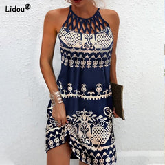 Vintage Print Midi Dress Women O-Neck Sleeveless Loose Waist Casual Summer Fashion Dress
