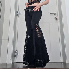 High Waist Mesh Lace Flare Pants Women Goth Black Cross Grunge Y2K Streetwear Casual Fashion
