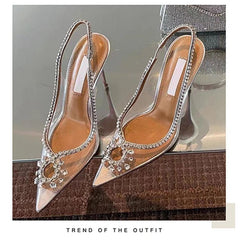 Transparent PVC Rhinestone Chain Stiletto Sandals Women Studded Elegant Party Fashion