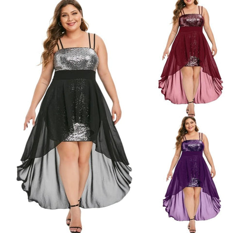 Plus Size Sequin Asymmetric Hem Evening Dress Women Elegant Party Prom Wedding Fashion