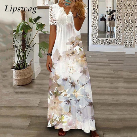 Floral Print Lace Patchwork Maxi Dress Women Short Sleeve V-Neck Casual Beach Vacation Summer