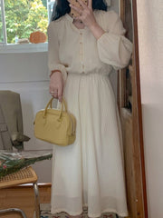 Long Sleeve Midi Dress Women Vintage V-Neck Slim Waist Button Elegant Casual Fashion Dress