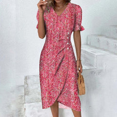 Floral Print Puff Sleeve Midi Dress Women V-Neck Button A-Line Work Office Party Casual Fashion