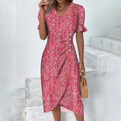 Floral Print Puff Sleeve Midi Dress Women V-Neck Button A-Line Work Office Party Casual Fashion