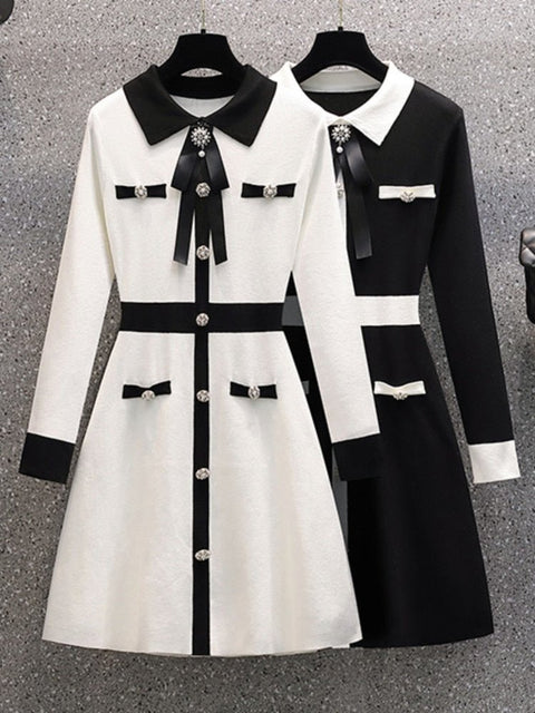 Knit Mini Dress Women Bow Tie Button Vintage Party Casual Elegant Fashion Sweater Dress