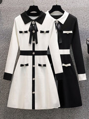 Knit Mini Dress Women Bow Tie Button Vintage Party Casual Elegant Fashion Sweater Dress