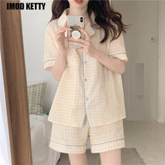 Plaid Pajama Set Women 2-Piece Shorts Top Summer Casual Loungewear Sleepwear Fashion