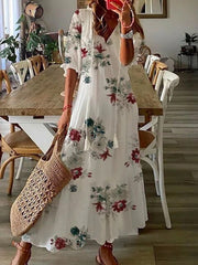 Pattern Print Long Dress Women V Neck Tassel Pleated Party Dress 3/4 Sleeve
