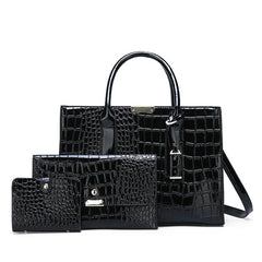 Crocodile Embossed Vegan Leather Tote Bag 3 piece black