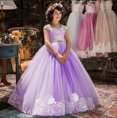 Lace Embroidered Flower Girl Dress Girls Princess Formal Prom Ball Gown Wedding Elegant
