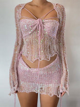 Crop Tops and Bodycon Mini & Midi Skirts 3 Piece Sets Hollow Out Long Sleeve Crop Tops and Bodycon Skirts